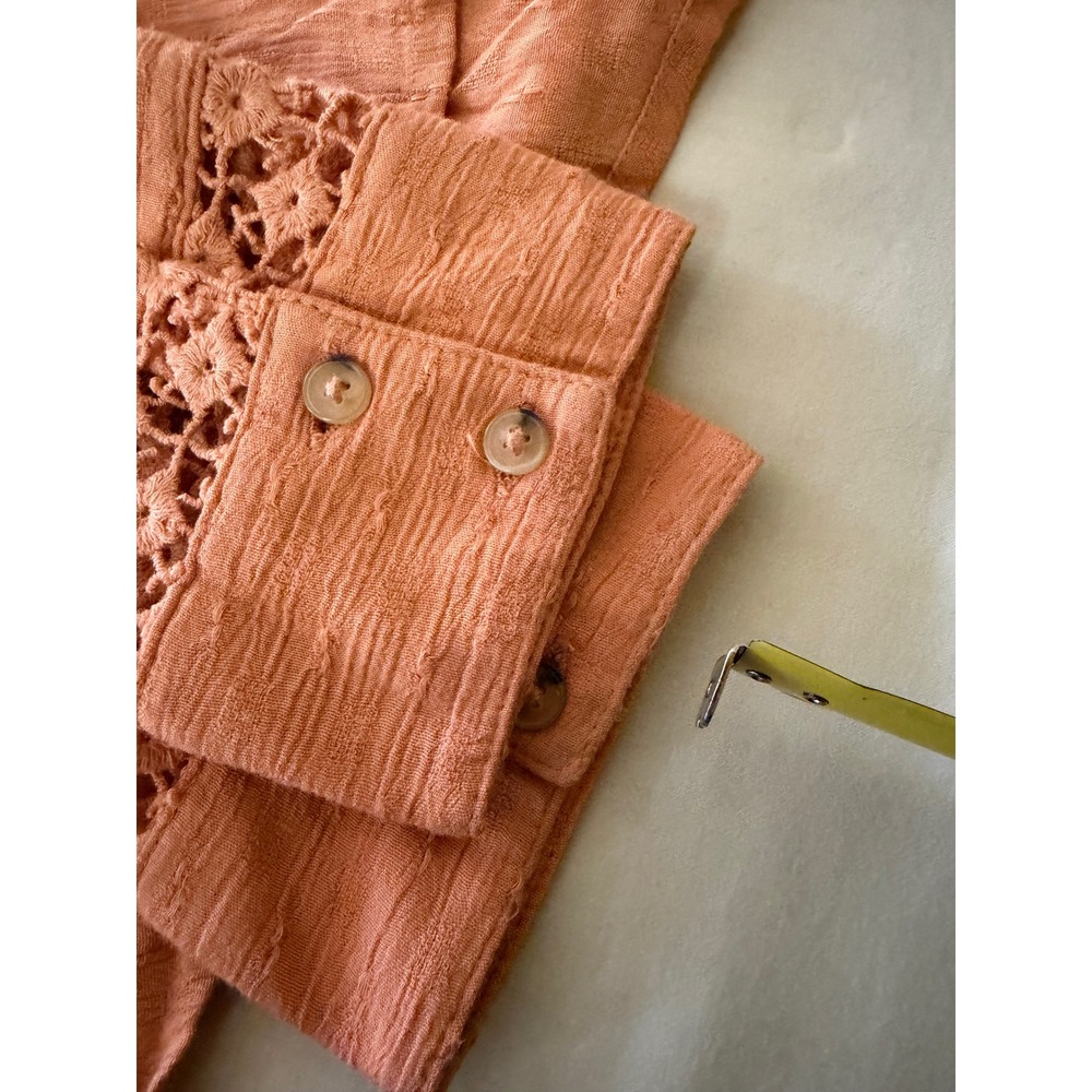 Free People Lace Inset Blouse Women Large Orange Long Sleeve Button Down Boho - Picture 2 of 12